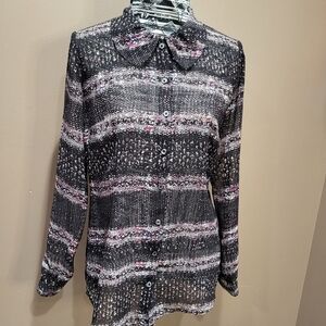 CAbi Sheer Black Paris Confetti Print Long Sleeve Blouse Top sz Small